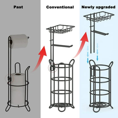 stusgo Inserted Tube Upgraded Toilet Paper Holder Free Standing, Paper Roll Dispenser with Top Storage Shelf for Bathroom-Black