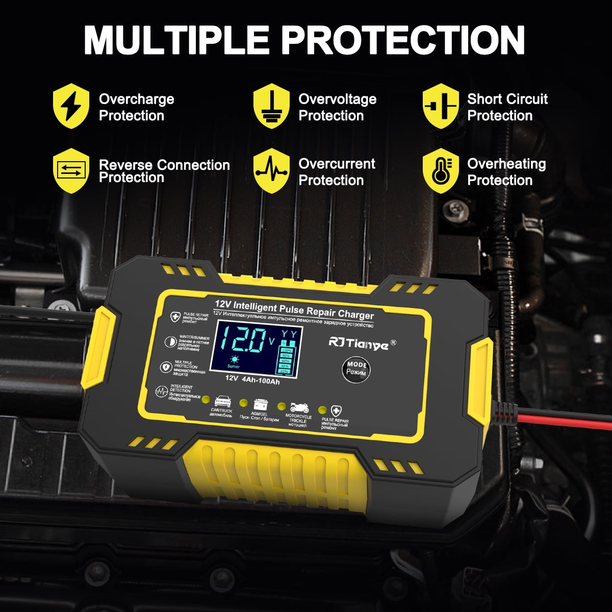Car Battery Charger, 12V/6A Battery Trickle Charger Smart Automotive 12V Battery Maintainer Desulfator with Temperature Compensation for Car Truck Motorcycle