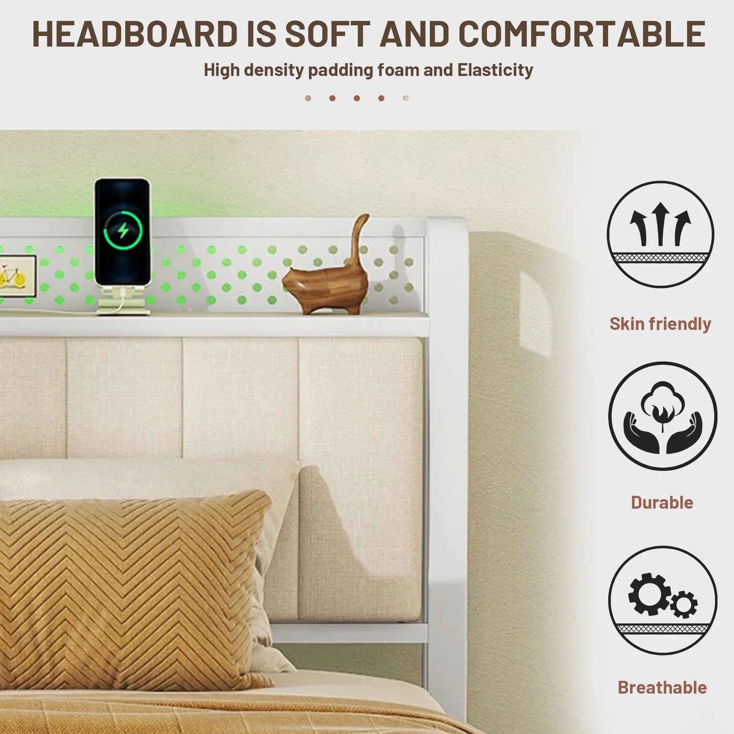 VLDTDRDI 500LBS Queen Bed Frame with LED Lights,Linen Upholstered Platform Bed with 4 Drawers and USB Ports,Heavy Duty Queen Size Metal Platform Bed,Beige