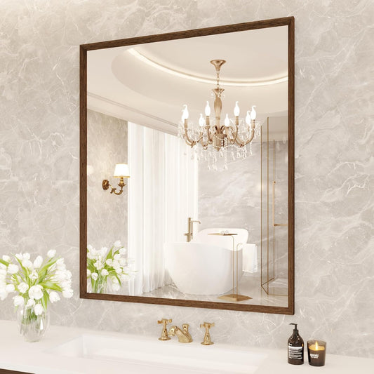 Swafrrt 22 x 30  Bathroom Wall Mirror with Walnut Wood Grain Framed, Vanity Mirror Anti Rust, Anti Fog, Waterproof