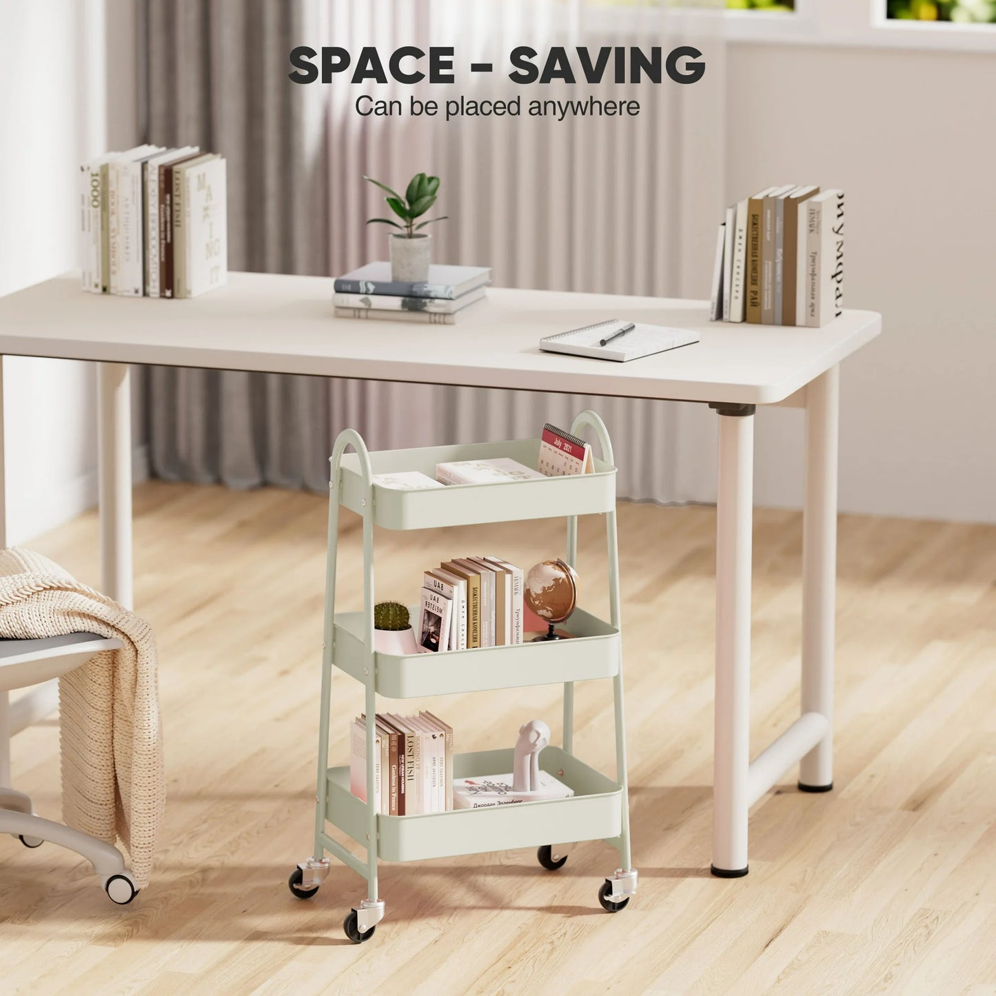 edx 3 Tier Rolling Cart, Metal Utility Cart Storage Organizer with Lockable Casters, Multi-Functional Mesh Rolling Storage Cart for Kitchen Office, White