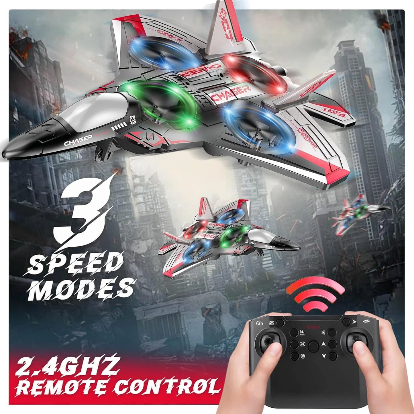 JoyStone Jet Fighter Stunt RC Airplane, 2.4 GHz RC Plane Toy with LED Lights & 360 Spin, Easy to Fly RC Glider for Kids Boys Girls Adults, Red