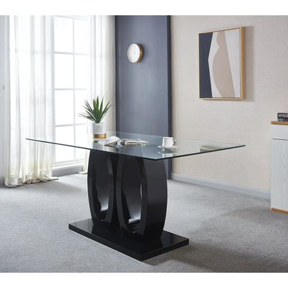 Sumdeal Contemporary 5-Piece Dining Table Set - 63" Tempered Glass Table with Black Double Pedestal Base & 4 Black Velvet Tufted Dining Chairs