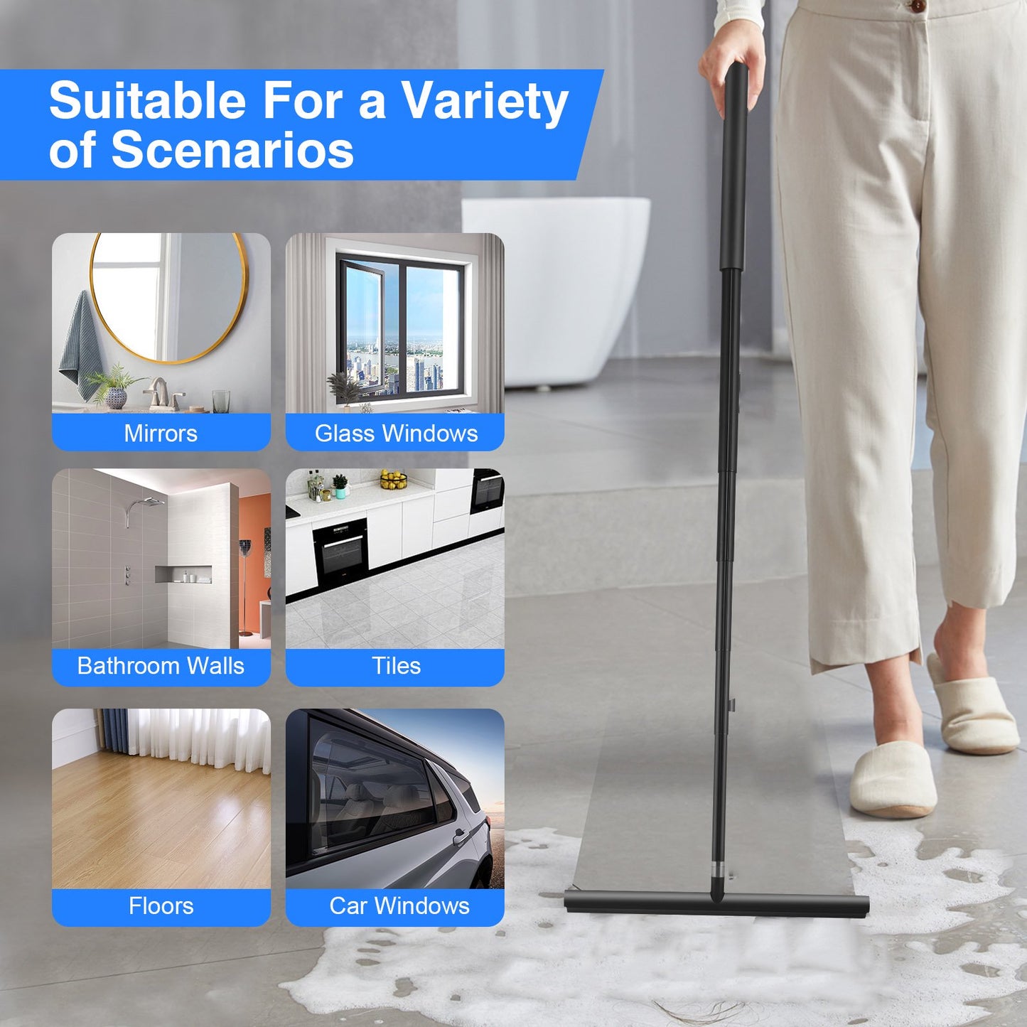 ALILYY Window Squeegee Sponge and Soft Rubber Strip With Telescopic Pole 11.4"-57.5"(29cm-146cm)