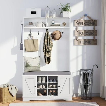 spanspace Hall Tree with Cushion and Open Shoe Cabinet, 4-In-1 Coat Rack with Storage Bench, Coat Hanger and Adjustable Shelves, 71" Height Hall Tree for Hallway, Living Room, White