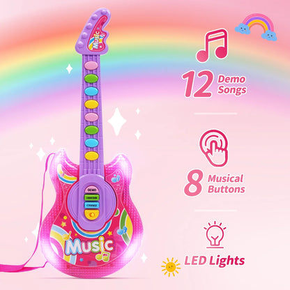 JoyStone Guitar and Microphone Set for Kids with Music & Colorful Light, Adjustable Height Microphone with Stand, Guitar Toys for Boys and Girls, Pink