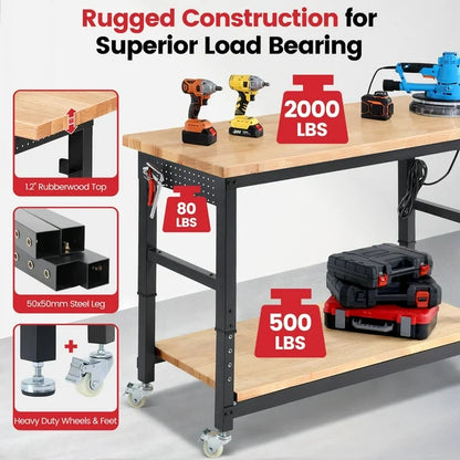 Workbench for Garage,ENJOYWOOD Heavy Duty 60 inch 2 Tier Wood Work Bench with Rolling Wheels and Power Outlets,Rubber Wood Tabletop,2000 LBS Load Bearing Workstation Garage Desk Table Worktable