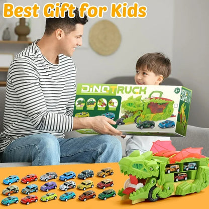 JoyStone 20 in 1 Dinosaur Transport Truck with 20 Cars, City Dinosaur Ultimate Hauler Track Toy, Transforms into Stomping Standing Dinosaur Toddler Toys Birthday Gift for Kids Ages 3