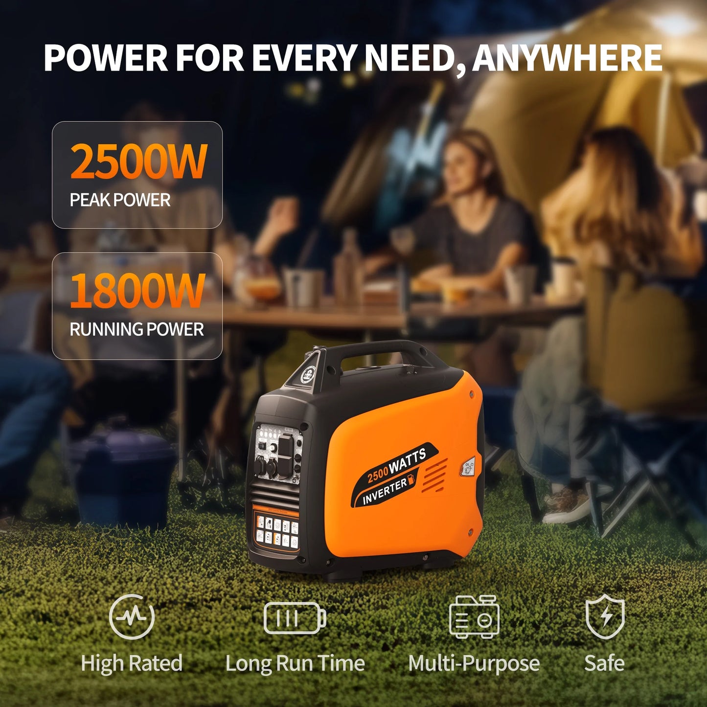 Efurden 2500-Watt Portable Inverter Generator Gas Powered, EPA Compliant, Parallel Capability, CO Shutdown, Low Noise for Camping and Home Use