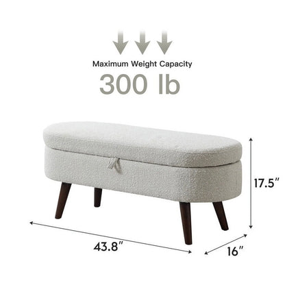Othniel 44" Beige Boucle Storage Ottoman Bench for Living Room Bedroom Oval Footrest Wood Legs