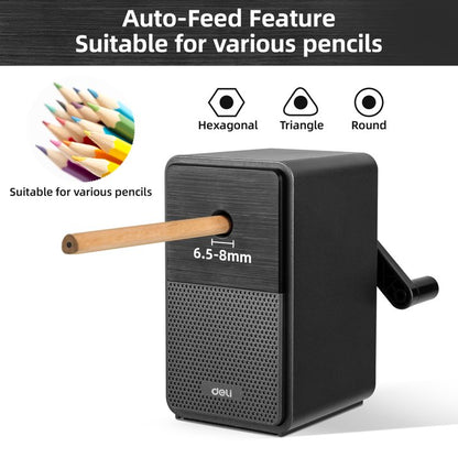 Deli Manual Pencil Sharpener - Auto-in Hand Crank with Adjustable Point, Stronger Helical Blade to Fast Sharpen, Home and Office, Black