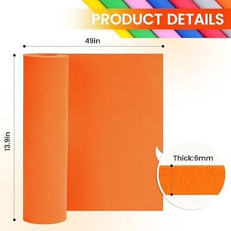 Do2ping Orange Eva Foam Sheets roll, 6mm eva Craft Foam 49''x13.9'' High Density 86kg/m3 for Cosplay