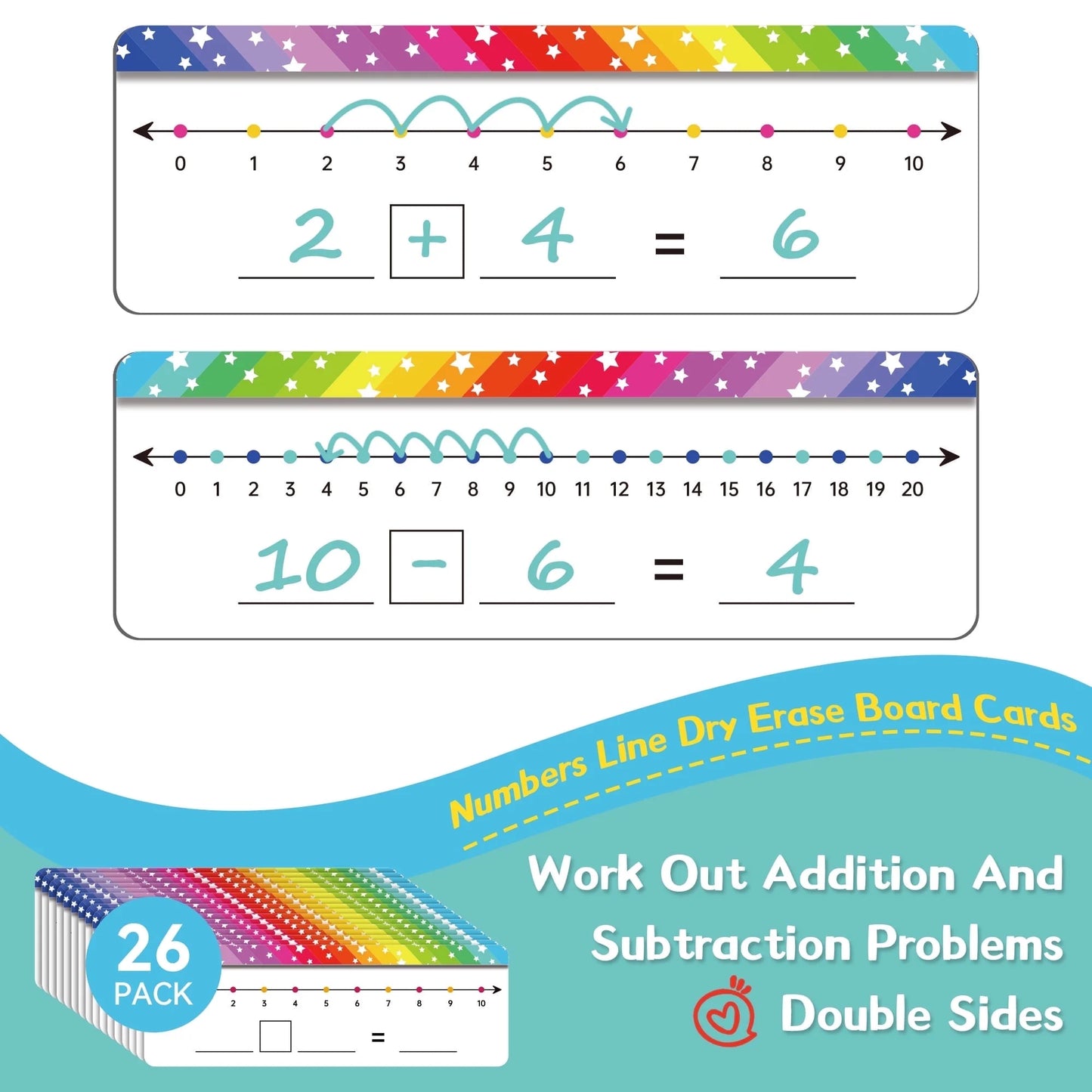 VUSIGN 26 Pack Double Sided Number Line Dry Erase Boards, 0-10 on One Side, 0-20 on Other Reusable Math Whiteboards for Kids, Students, Classrooms & Home Learning