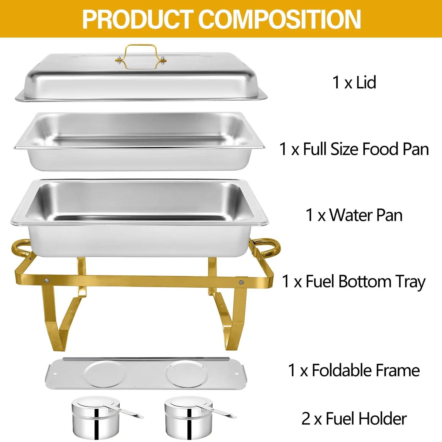 Chafing Dish Buffet Set 4 Pack, Jacgood 8QT Gold+Silver Stainless Steel Chafing Dishes for Buffet, Chafers and Buffet Warmers Sets for Parties, Events, Wedding, Camping, Dinner
