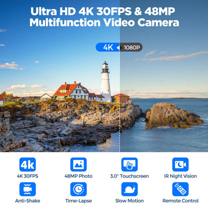 Campark 4K 30FPS Video Camera 48MP Camcorder with IR Night Vision 16X Digital Zoom 3.0" Touch Screen