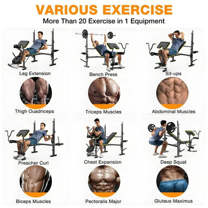 Weight Bench,Doufit 6-In-1 900lbs Workout Bench Press with Squat Rack Leg Developer Preacher Curl Butterfly Arms,Gym Exercise Equipment for Full Body Home Gym