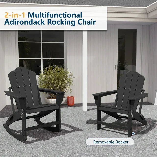 FOOWIN Folding Rocking Adirondack Chair Set of 2, HDPE Plastic Rocking Chairs for Patio Porch Rocker Chair, Black