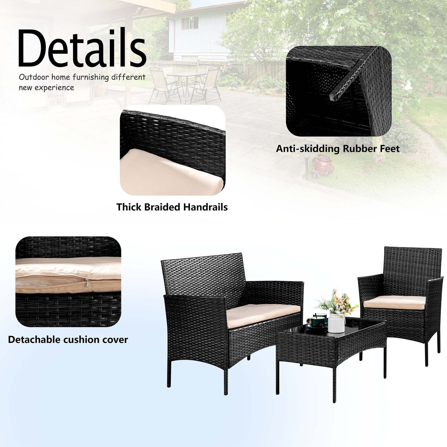 Carpet 4PCS Patio Rattan Wicker Furniture Conversation Set with Loveseat Sofa and Table for Garden Yard,Black