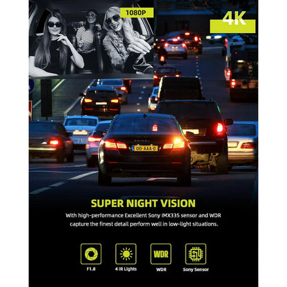 TOGUARD 3 Channel Dash Cam Front and Rear Inside with, 4K Car Camera Built-in GPS IR Night Vision Dash Camera with Loop Recording, G-Sensor, Parking Monitor