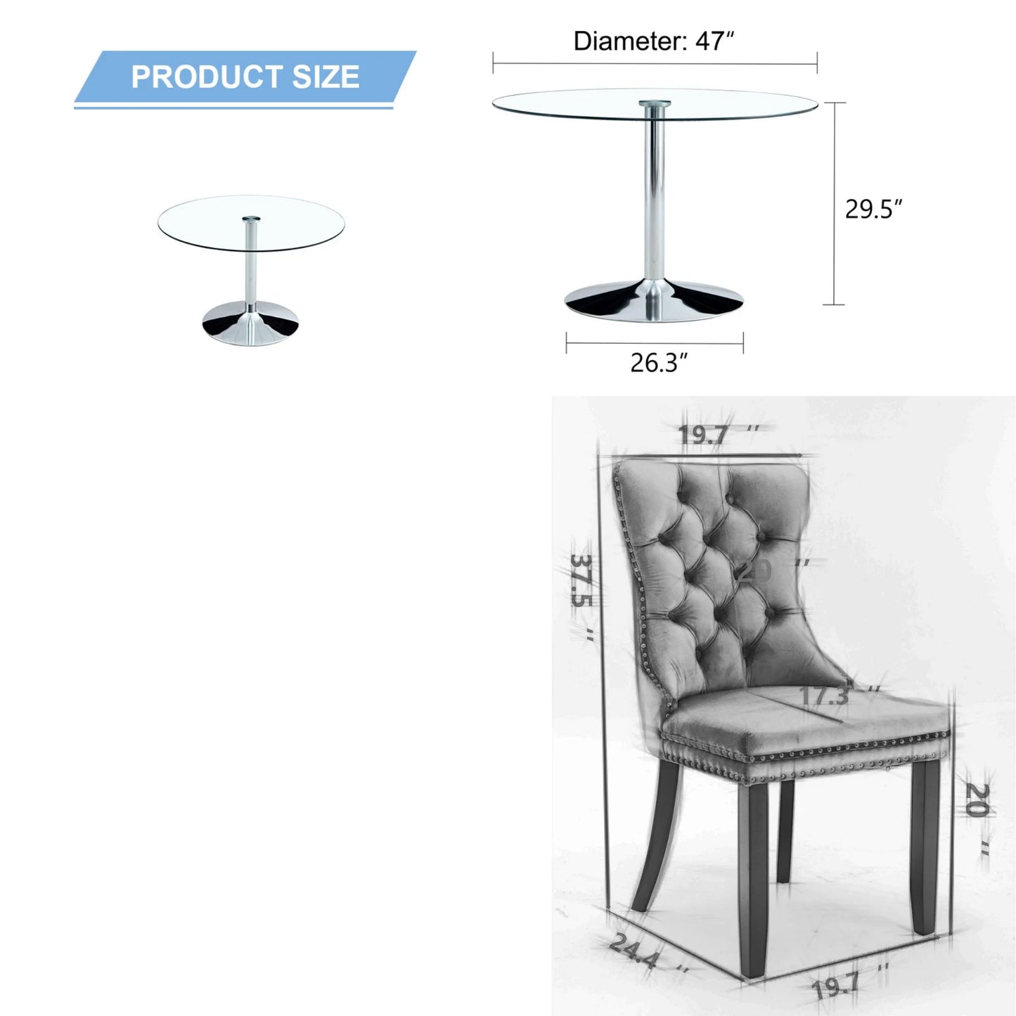 47" Modern Round Bar Style Dining Table Set with 4 Velvet Upholstered Chairs,Silver Leg Glass Table with 4 Black Chairs with Silver Leg