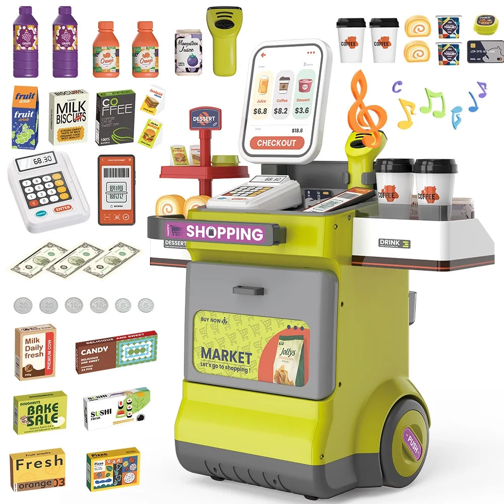 JoyStone 48PCS Pretend Play Cash Register Toy with Light and Sound, Pretend Calculator, Scanners, Credit Cards and Mobile Cart, Preschool Gifts for Toddlers for Boys and Girls, Green