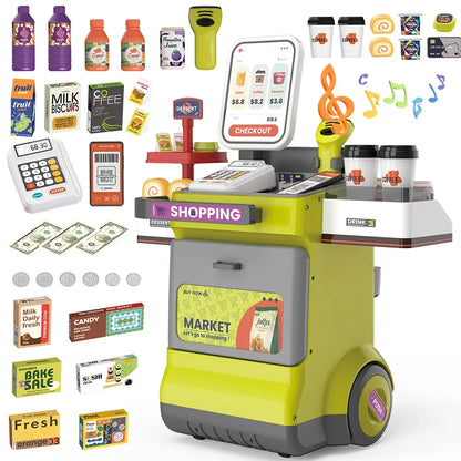 JoyStone 48PCS Pretend Play Cash Register Toy with Light and Sound, Pretend Calculator, Scanners, Credit Cards and Mobile Cart, Preschool Gifts for Toddlers for Boys and Girls, Green