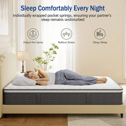 GREOO 12 Queen Mattress in a Box Cooling Gel Memory Foam Hybrid Mattress, Individually Wrapped Pocket Coils, Pressure Relief, 365 Night Trial