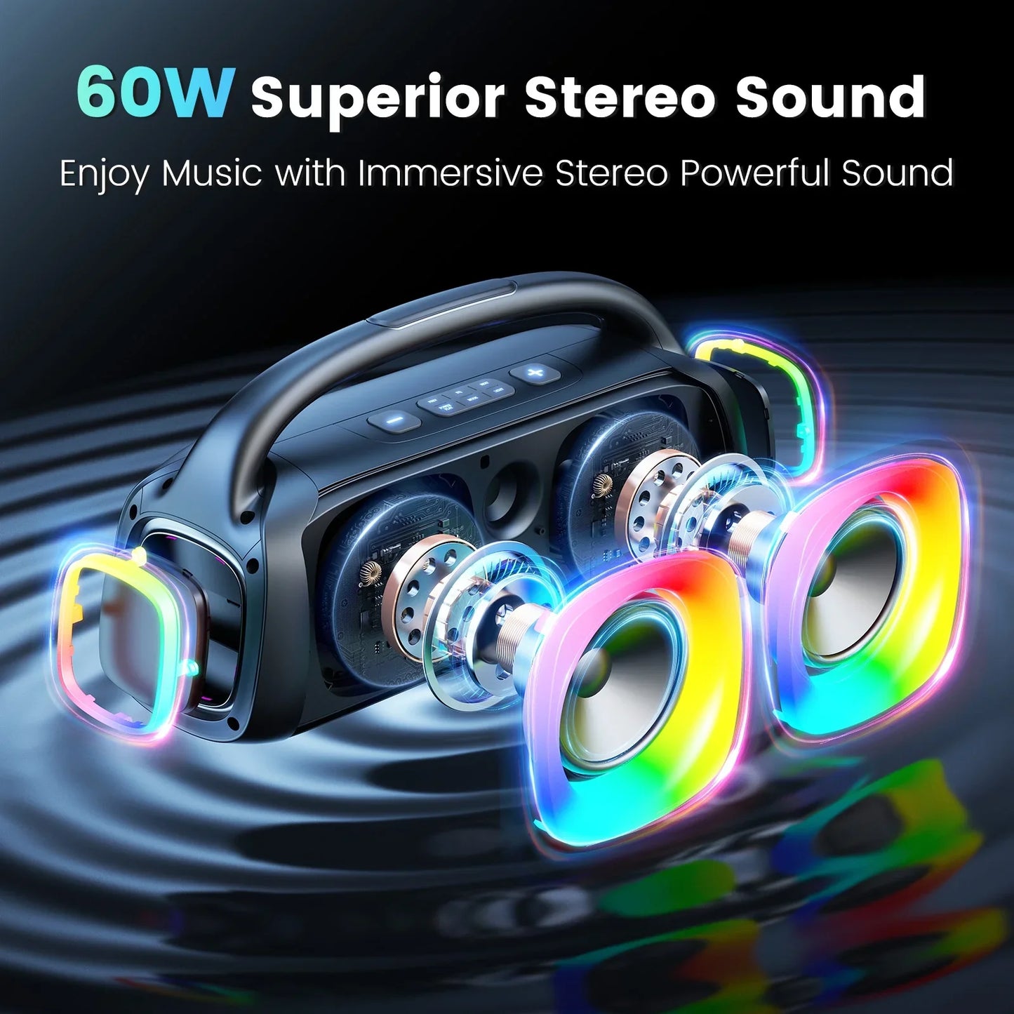 FanFun Portable Bluetooth Speaker, 60W Powerful Speaker with 2 Wireless Microphones with RGB Lights, Perfect for Adults & Kids, Home & Outdoor Party