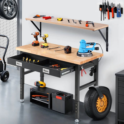 Workbench for Garage,ENJOYWOOD Heavy Duty 48 inch Wood Work Bench with Drawer and Wall Mounted Shelf,Rubber Wood Tabletop,2000 LBS Load Bearing Workstation Garage Desk Table Worktable