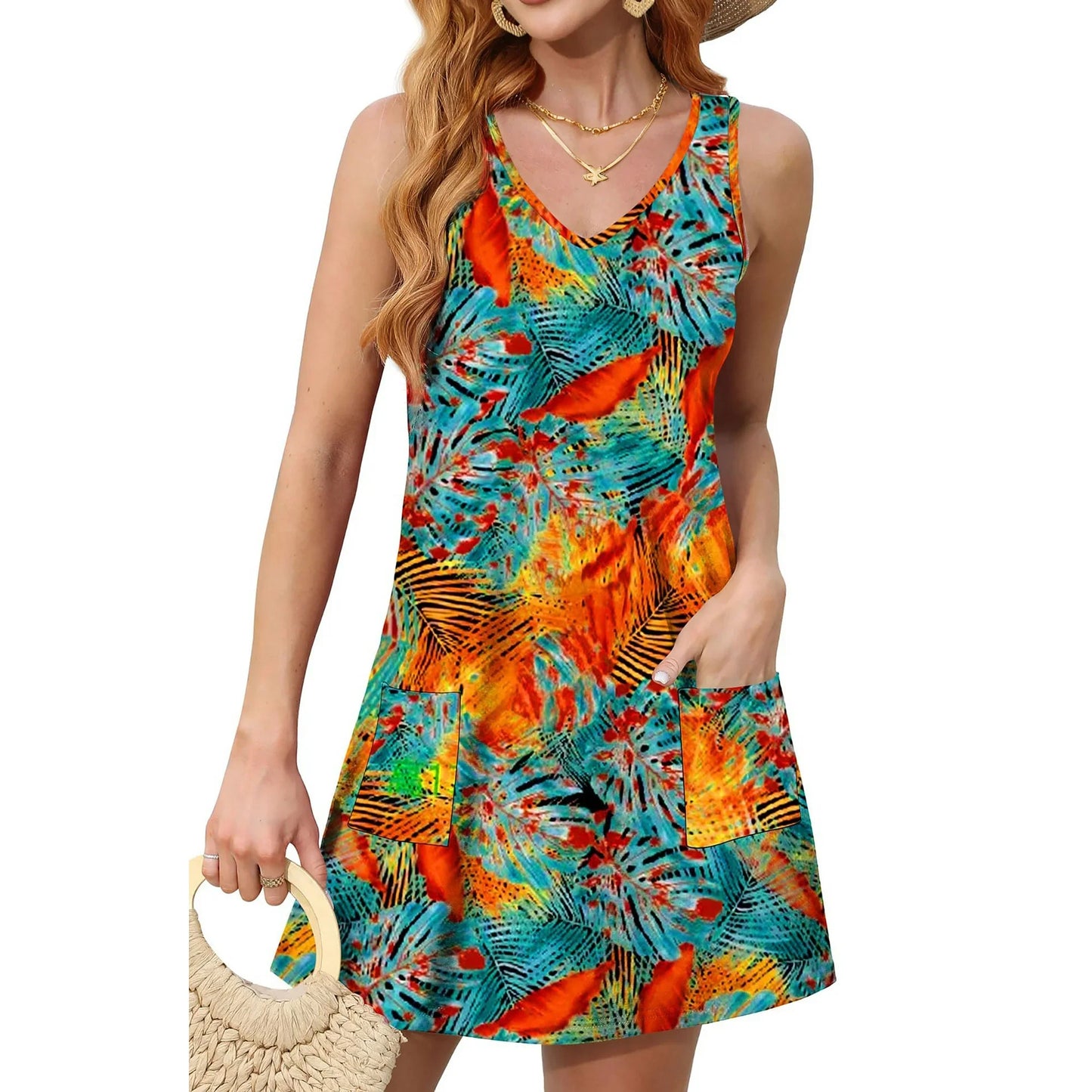 Fantaslook Summer Dresses for Women Casual V Neck Sleeveless Sundresses Floral Beach Short Dress with Pockets