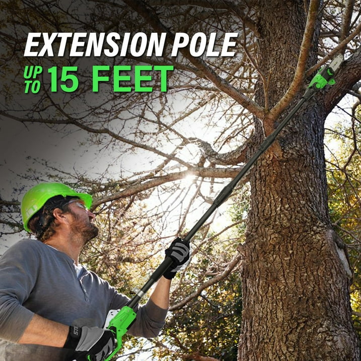 SOYUS Pole Saw 8-Inch Cordless, 15-Foot Max Reach Electric Pole Saw for Tree Trimming, 16ft/s Speed, Auto Oiling, Multi-Angle Pole Chainsaw with 2.0Ah Battery & Charger