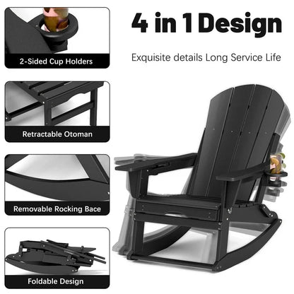 FOOWIN HDPE Plastic Rocking Adirondack Chair Set of 2, Folding Rocking Chairs for Patio Porch Rocker Chair, Black