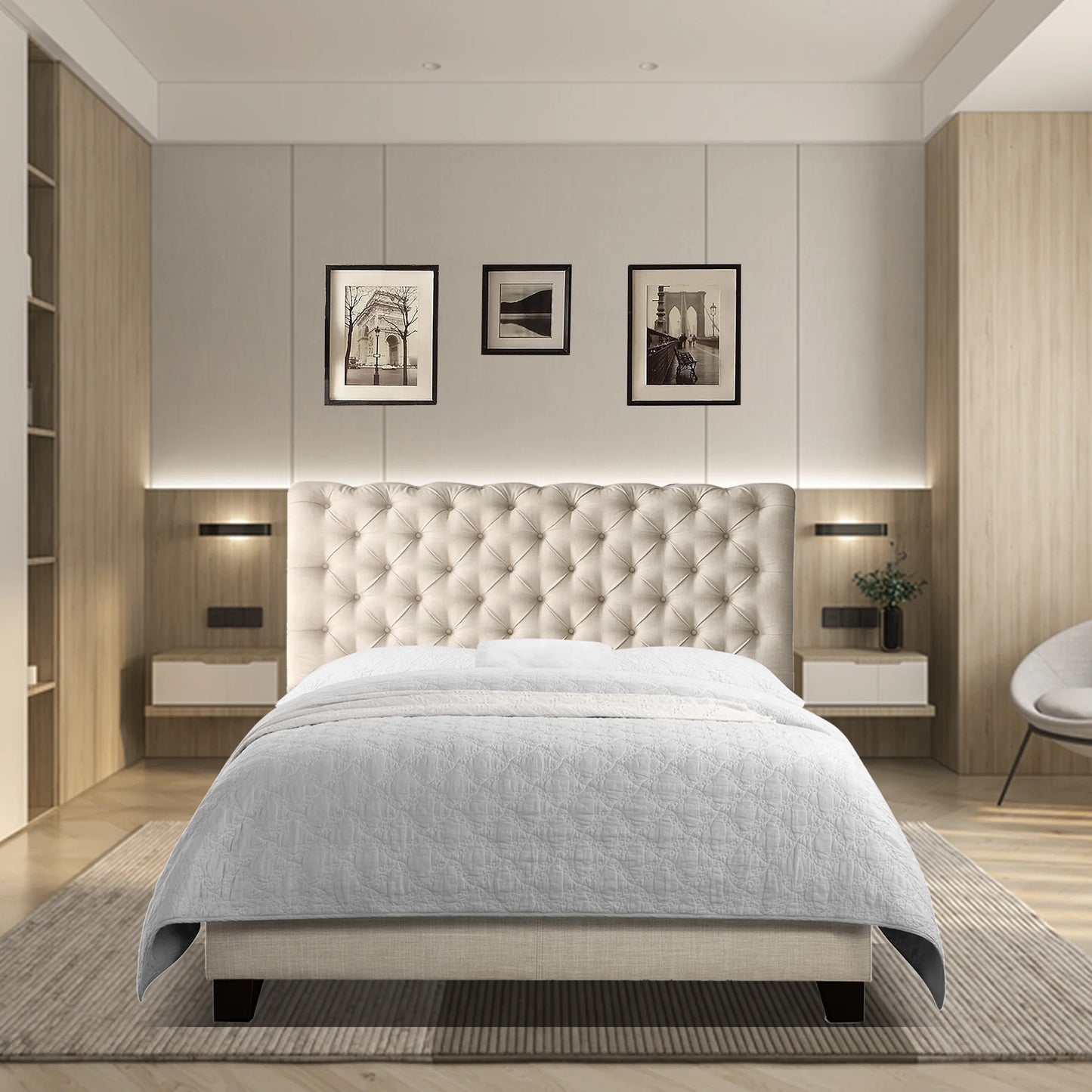 Rosina Roll Head Bed Frame, Fabric Upholstered Chesterfield-Styled Bed Frame with Adjustable Headboard, Wood Slat Support,Easy Assembly,Queen,Linen Beige
