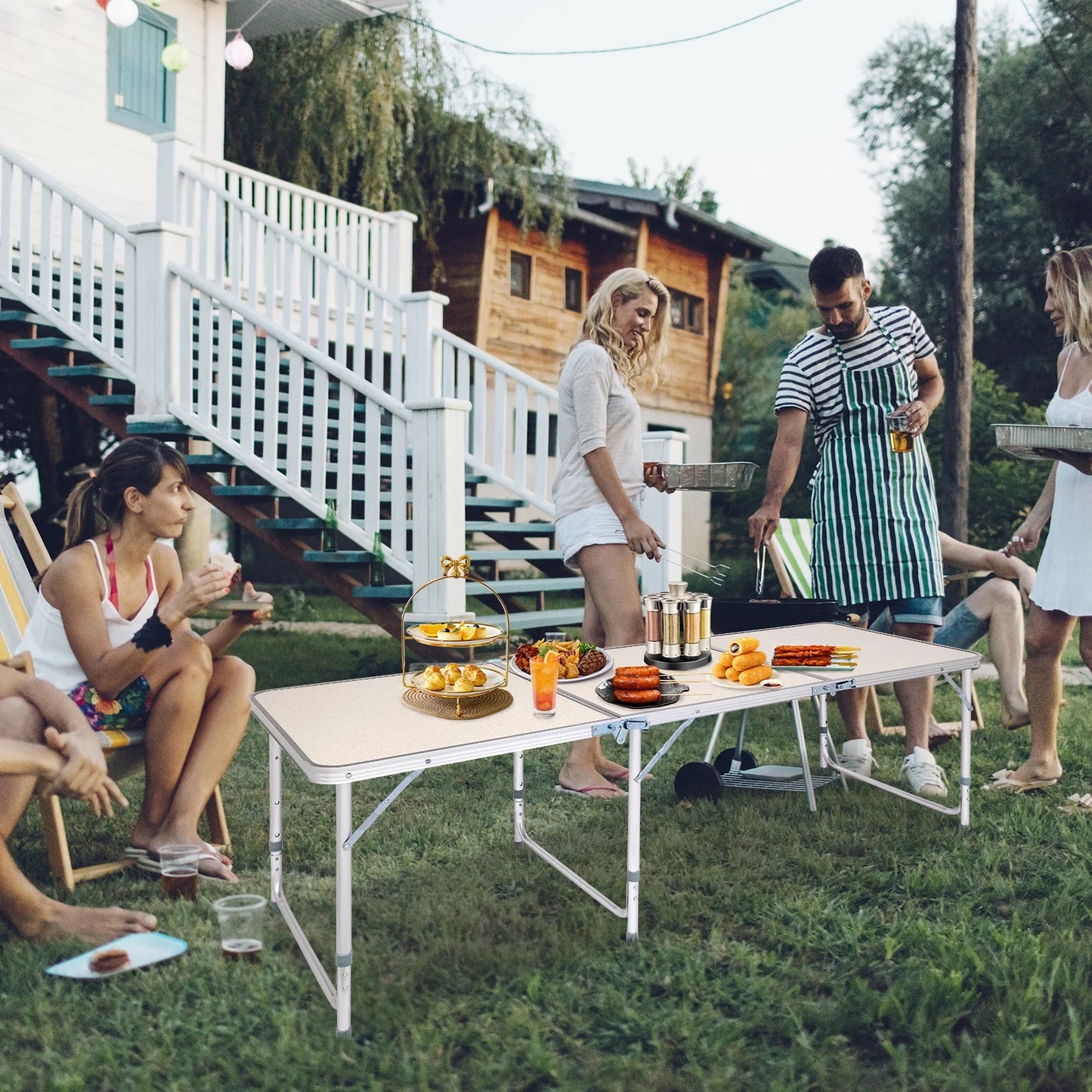Ktaxon 6' Outdoor Portable Aluminum Camping Picnic Table, 3-Level Adjustable Height Metal Folding Dining Table, Use for Camping Party Wedding Garden Commercial Entertaining Events, White