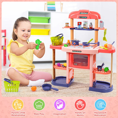 JoyStone Kids Play Kitchen, Large Kitchen Playset w/Shelf, Play Food, Spray Stove, Oven, Real Sounds and Light Pretend Play Cooking Set for Toddlers Girls and Boys