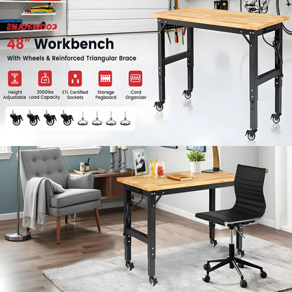 Workbench for Garage,ENJOYWOOD Rolling Heavy Duty 48 inch Wood Work Bench with 4 Wheels,Rubber Wood Tabletop 2000 LBS Load Bearing Workstation Garage Desk Table Work Table