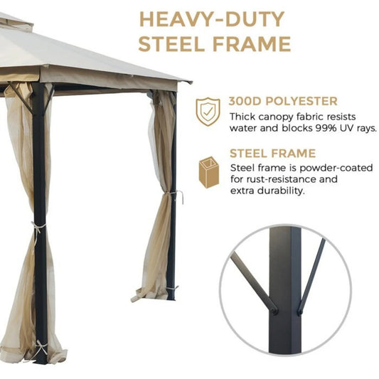10'x10' Patio Gazebo with Mosquito Netting and Curtains, Outdoor Double Soft Roof Gazebo with Rust-Resistant Metal Frame, Waterproof and UV Protection, Gazebo Canopy for Backyard Garden Lawn, Beige