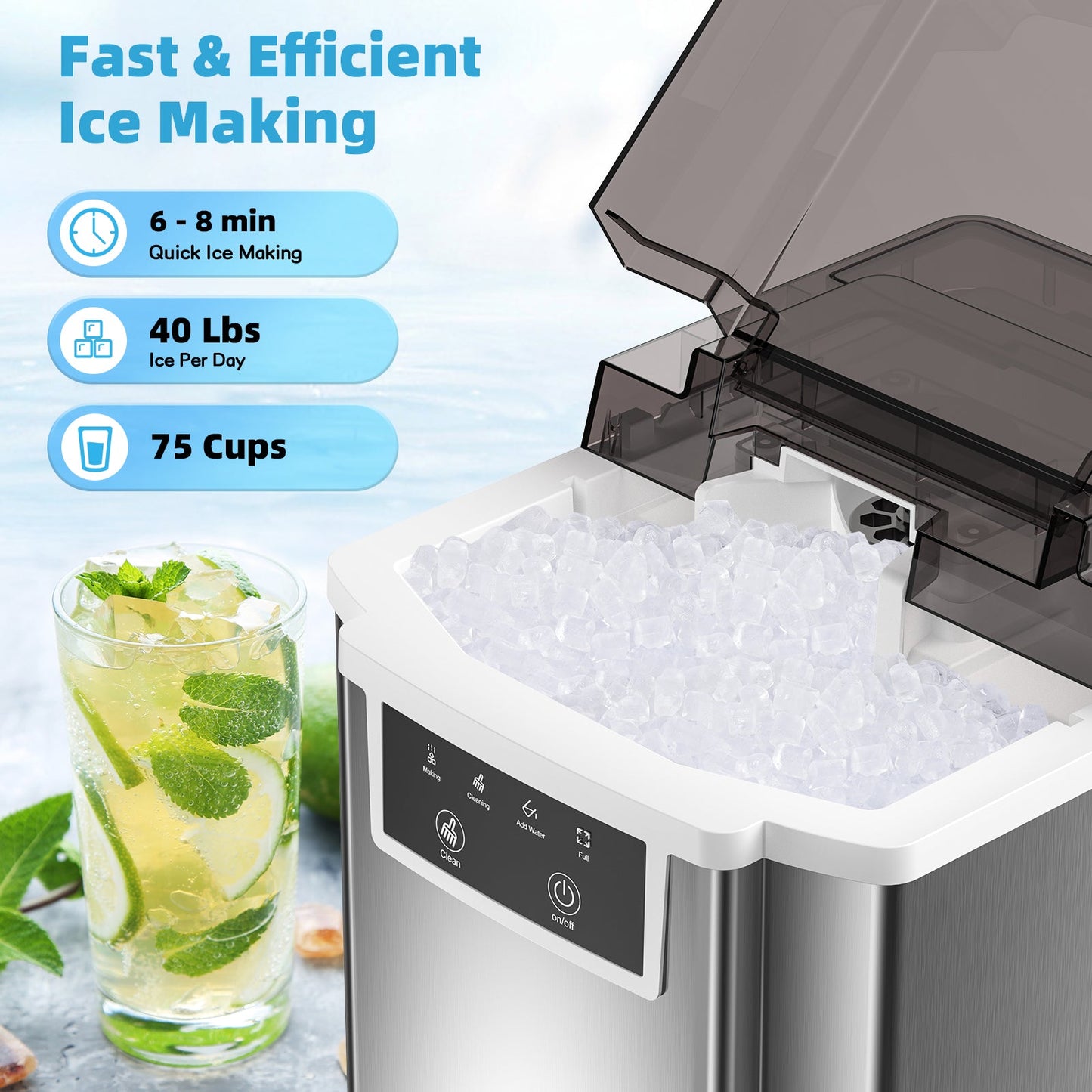 Nugget Ice Maker Countertop, 40Lbs/24H, Chewable Pellet Ice Machine, Soft Chewable Ice in 6 Mins, with Self-Cleaning Function, with Ice Scoop for Home, Kitchen, Office