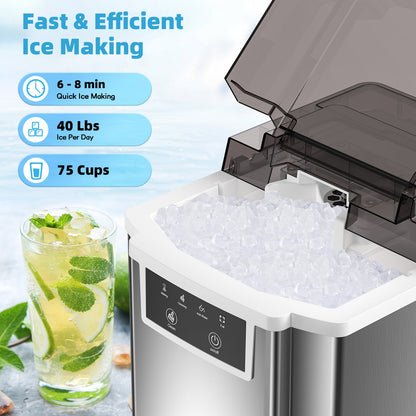 Nugget Ice Maker Countertop, 40Lbs/24H, Chewable Pellet Ice Machine, Soft Chewable Ice in 6 Mins, with Self-Cleaning Function, with Ice Scoop for Home, Kitchen, Office