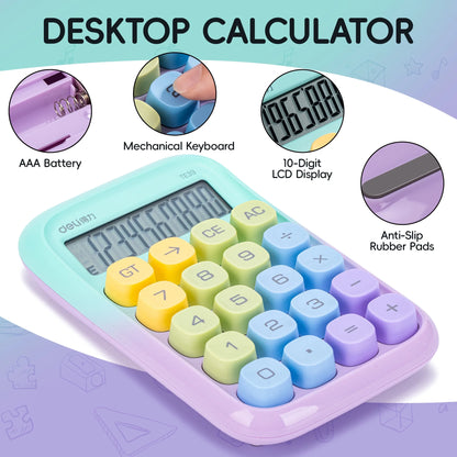 Deli Mechanical Switch Calculator with Battery, 10 Digit Large LCD Display, Big Buttons, Purple