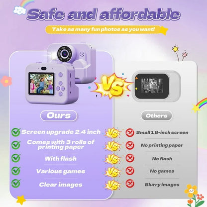JoyStone Kids Camera Instant Print with Printing Paper and 32G TF Card, Selfie Camera with Color Pens, Cute Photo Album and Stickers, Gift for Kids Aged 3-12, Purple