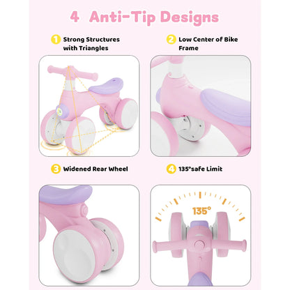 Baby Balance Bike for 1-2 Year Old Boys Girls, 4 Wheels Balance Bike with Lights & Sounds, Best Birthday Gift for Toddler, Toys for Baby Walker(Pink)