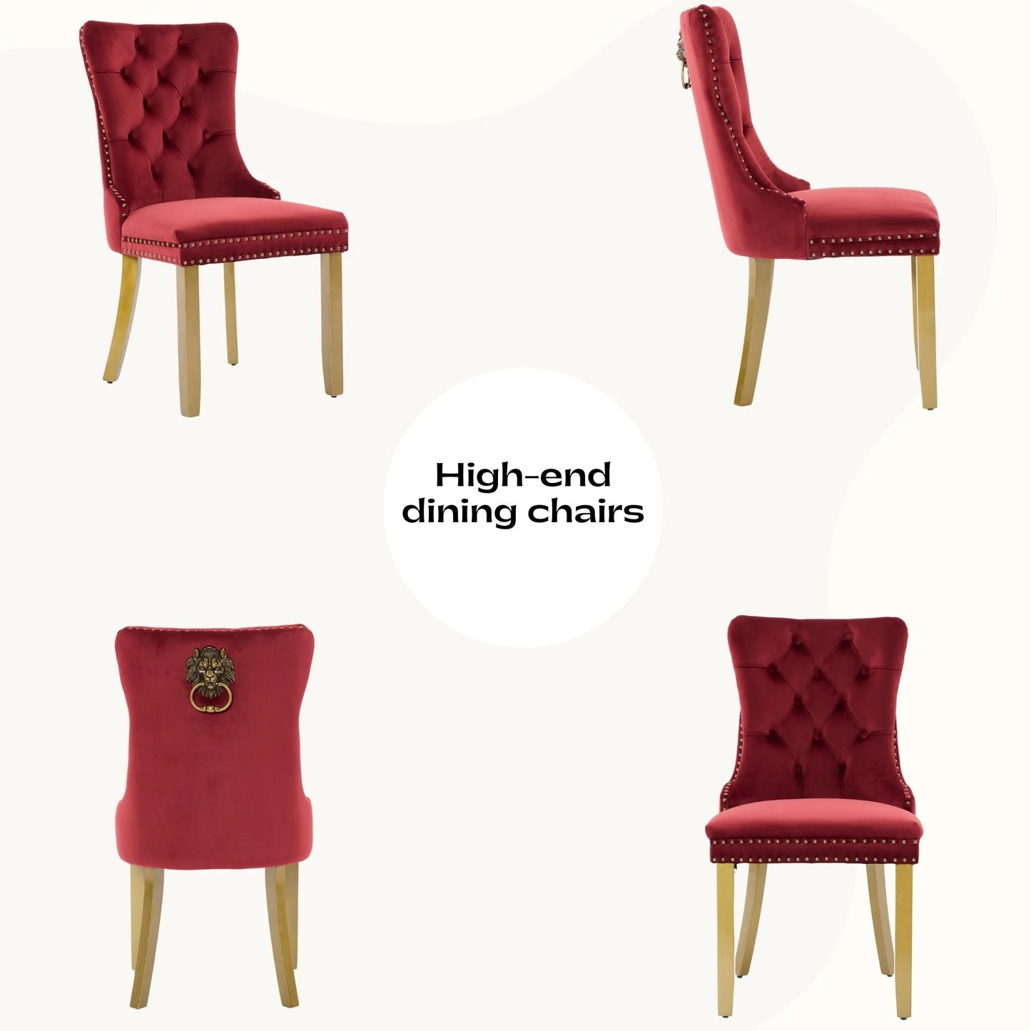 Sumdeal Mid-Century Modern Dining Chairs with Lion Head Pull Ring - High-End Tufted Velvet Upholstered Accent Chairs with Golden Legs & Nailhead Trim,Red,Set of 4