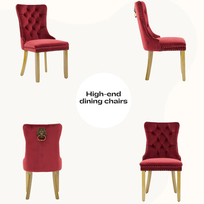 Sumdeal Mid-Century Modern Dining Chairs with Lion Head Pull Ring - High-End Tufted Velvet Upholstered Accent Chairs with Golden Legs & Nailhead Trim,Red,Set of 4