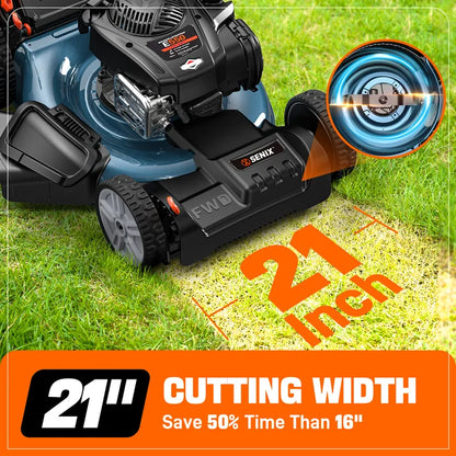 SENIX 21 Self Propelled Gas Lawn Mower, 150 cc 4 Cycle Made in USA Briggs   Stratton Engine Push Mower, 3 In 1, 6 Position Height Adjustment, 11 In Rear Wheels, LSSG M1