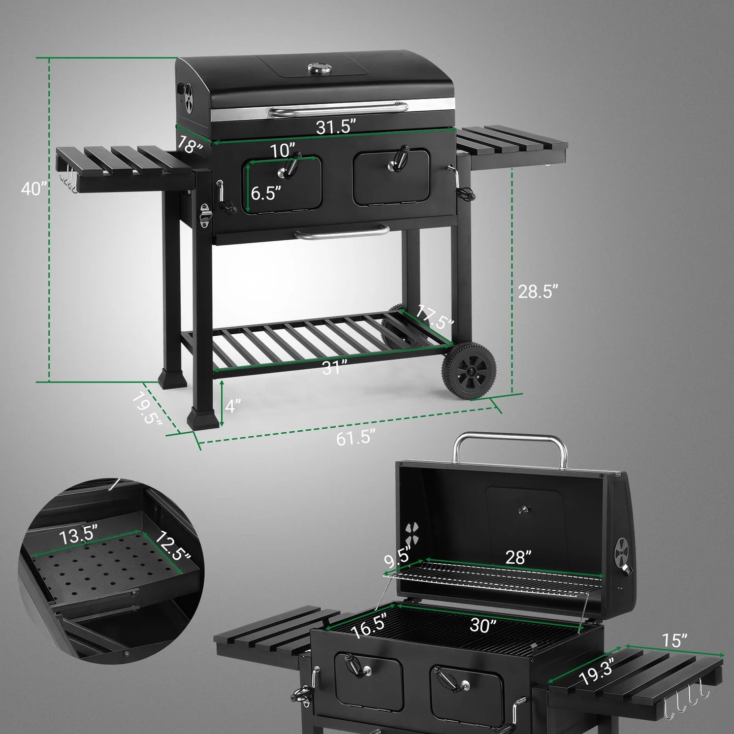Ktaxon BBQ Grill Outdoor Charcoal Grill Smoker Large-sized Barbecue Grill with 2 Charcoal Doors for Patio,Backyard,Garden