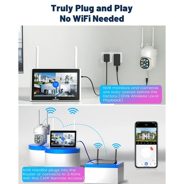 Toguard SC37 10CH Wired Security Camera System Outdoor with 500G Hard Drive, 2K 10.1" LCD NVR Monitor, 4pcs 1080P PTZ IP Security Surveillance Cameras Dual Lens, Wireless WiFi Sigal