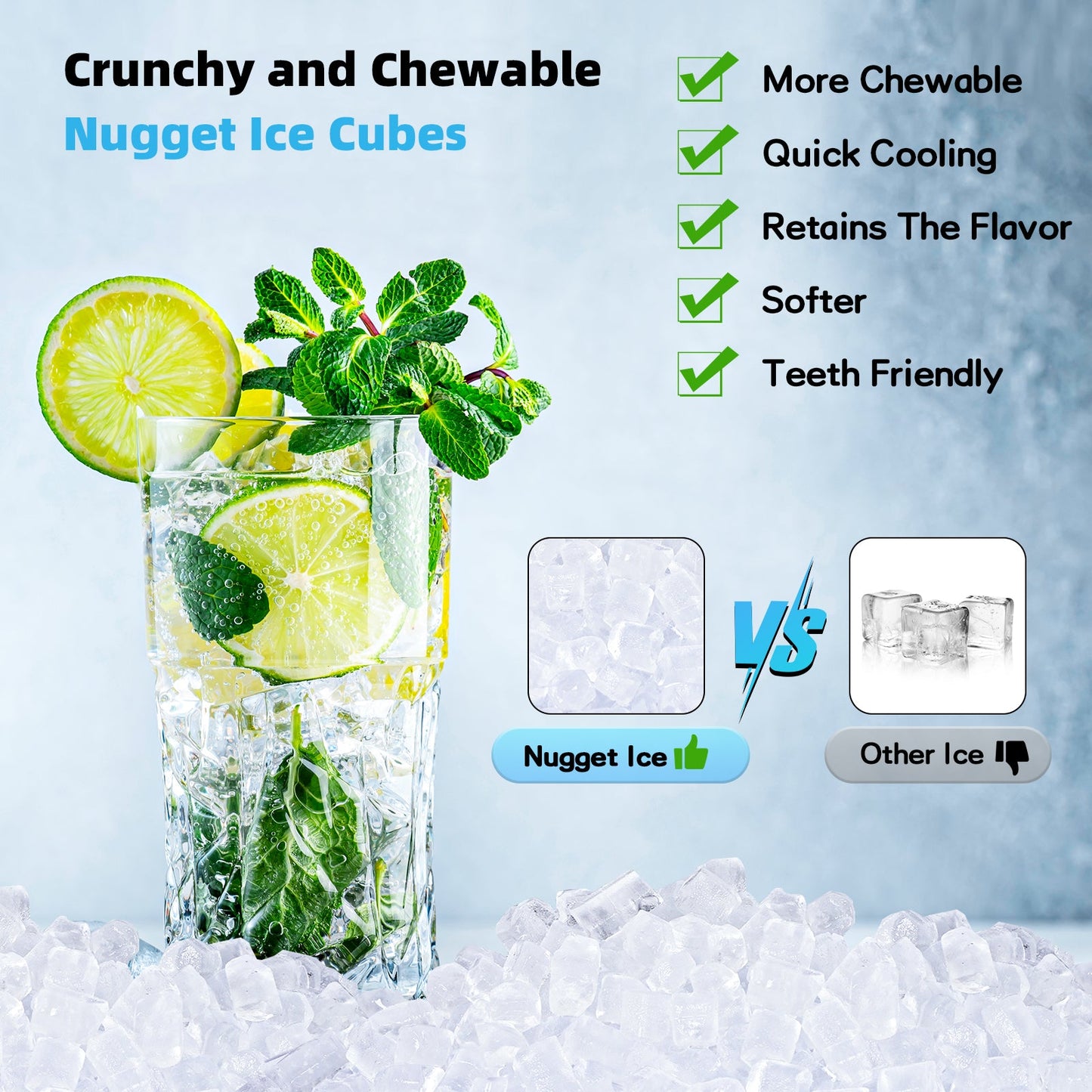 Nugget Ice Maker Countertop, 40Lbs/24H, Chewable Pellet Ice Machine, Soft Chewable Ice in 6 Mins, with Self-Cleaning Function, with Ice Scoop for Home, Kitchen, Office