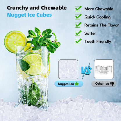 Nugget Ice Maker Countertop, 40Lbs/24H, Chewable Pellet Ice Machine, Soft Chewable Ice in 6 Mins, with Self-Cleaning Function, with Ice Scoop for Home, Kitchen, Office