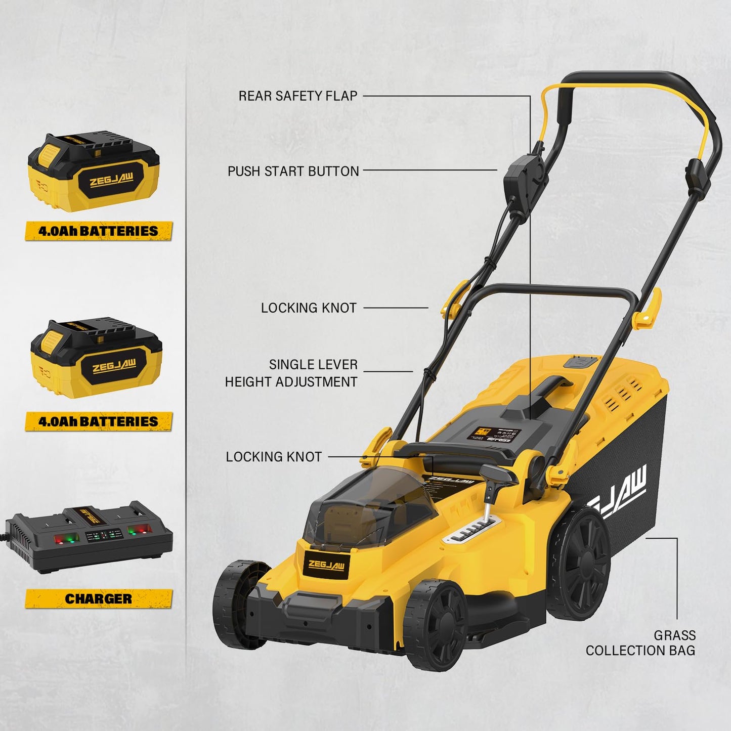 Electric Lawn Mower Cordless,15-Inch Lawn Mower with 2pcs 4.0Ah Batteries and Charger, 2-in-1 Electric Mower with 6-Position Height Adjustment & Foldable Handle
